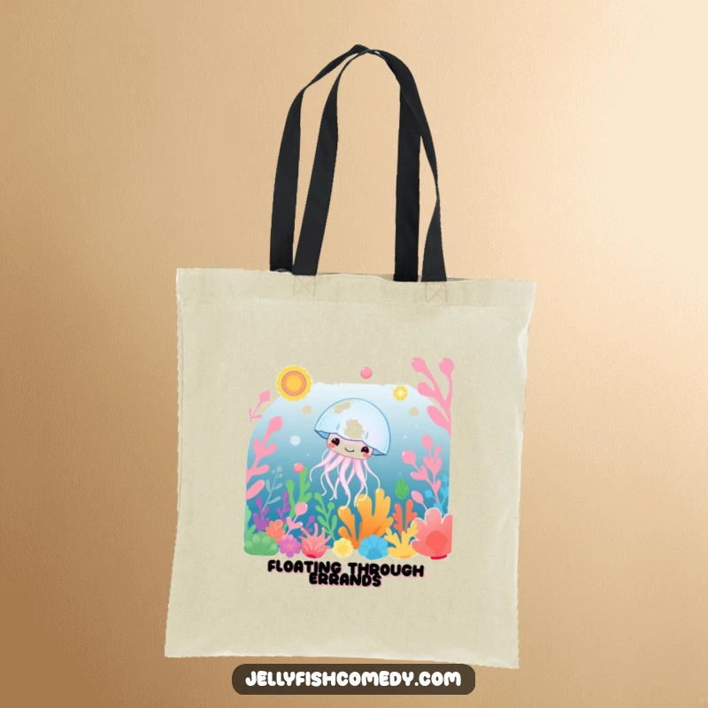 Funny Tote Bag: A cheerful jellyfish drifts happily through vibrant, colorful underwater plants, perfect for carrying essentials with style.