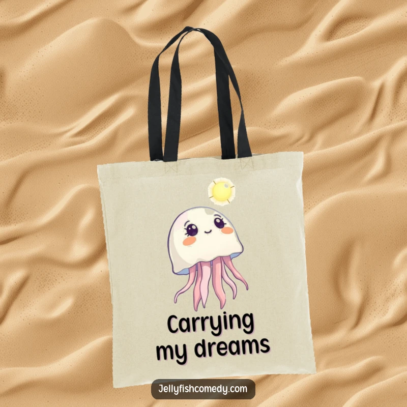 Funny tote bag with a jellyfish looking up with wonder at a distant light, perfect for carrying hope.
