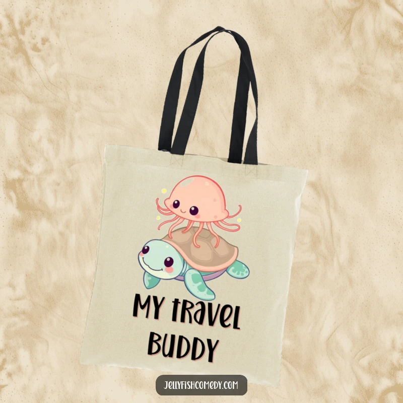 Funny jellyfish playfully bouncing off a friendly sea turtle illustration, a humorous and practical tote bag.