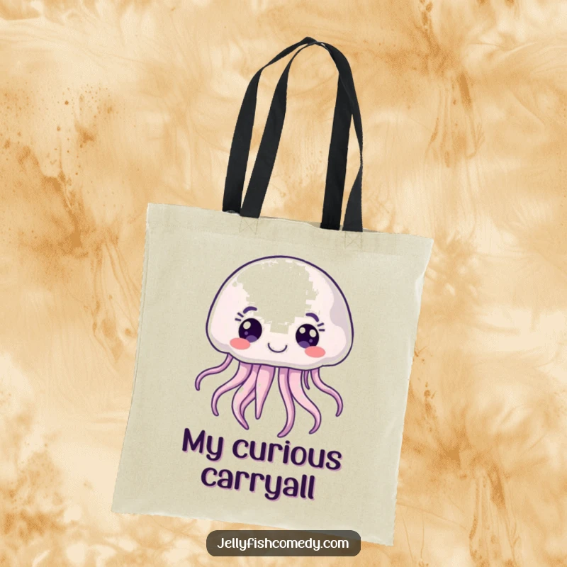 Funny joyful jellyfish tote bag showcasing a floating sea creature with wide, curious eyes, ideal for everyday use.