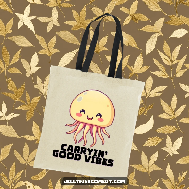 Funny Tote Bag with a beaming, happy jellyfish design. This cheerful and practical bag is perfect for carrying essentials with a smile.