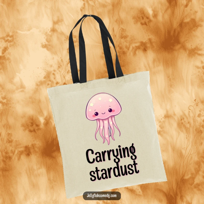 Funny kawaii jellyfish with twinkling starry patterns on a tote bag, perfect for carrying items with celestial humor.