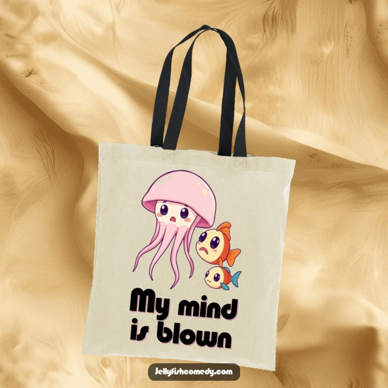 Funny tote bag depicting a surprised jellyfish encountering a curious fish, a humorous and practical accessory.