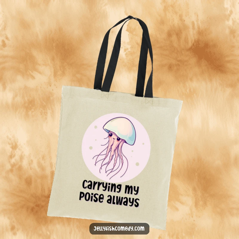 Funny tote bag depicting a graceful jellyfish spinning in a mesmerizing circle, perfect for everyday use and carrying smiles.
