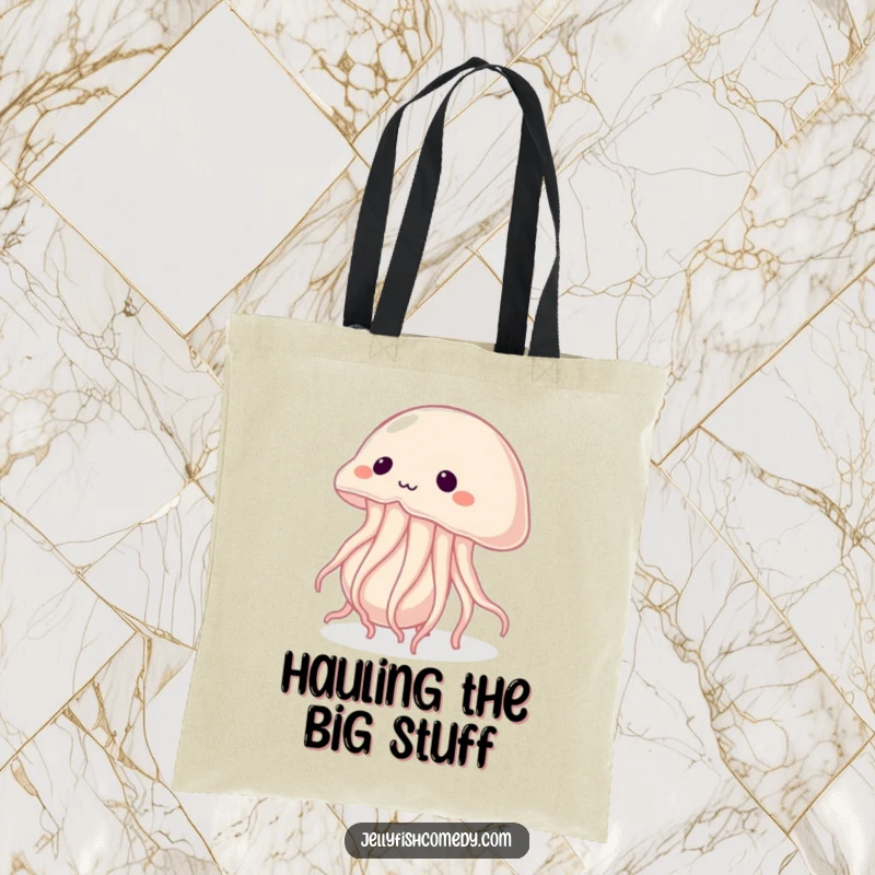 Funny tote bag illustrating a determined jellyfish exerting great effort to push a massive pearl, representing big goals.