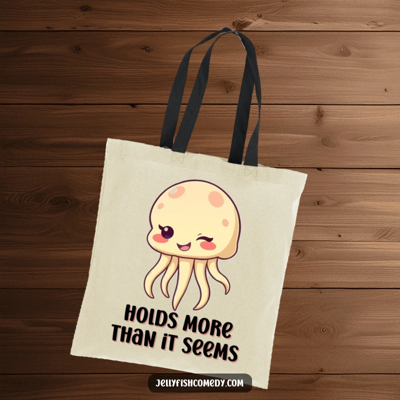 Funny winking jellyfish tote bag, a sea creature with a mischievous smile and wink, perfect for carrying items with a playful spirit.