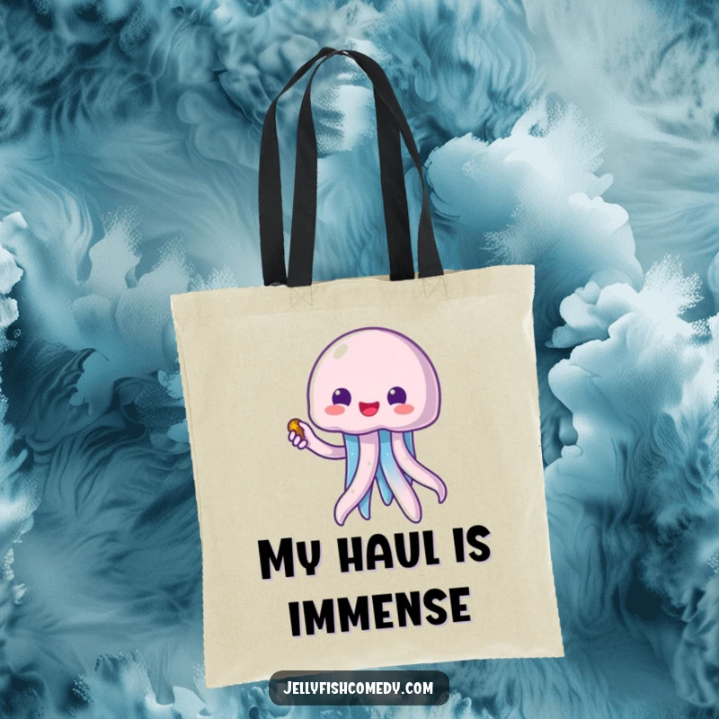 Funny kawaii jellyfish pointing excitedly at a treasure chest, printed on a durable tote bag for shopping or beach trips.
