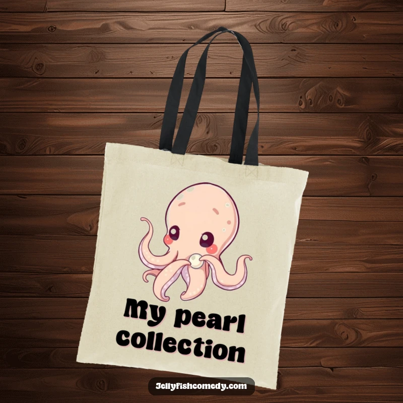 Funny tentacled being gently nudging a shimmering pearl with deep curiosity, a thoughtful design on a spacious tote bag.