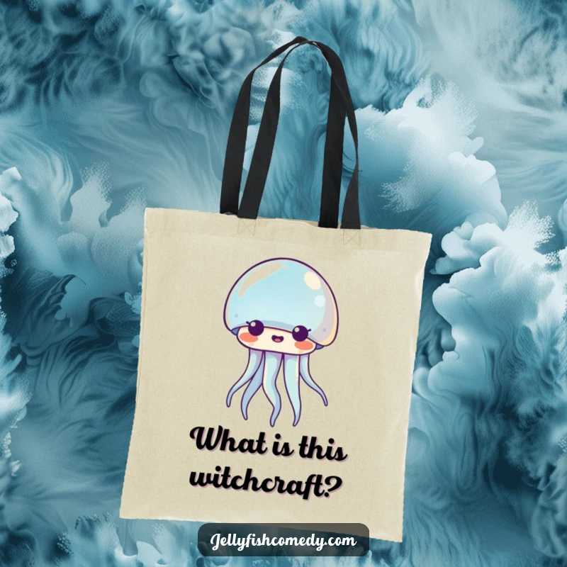 Funny Kawaii jellyfish tote bag with a shocked expression, wide-eyed and mouth agape. A humorous and practical accessory.