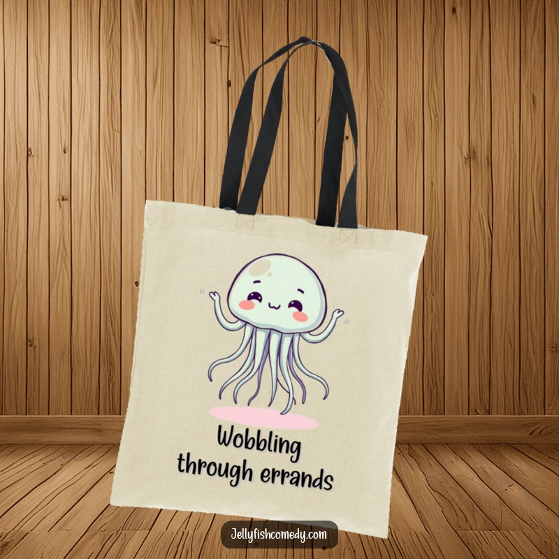 Funny tote bag with a jellyfish doing a silly dance with wobbly movements, perfect for carrying fun.